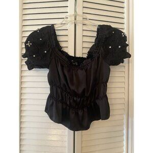 Forever 21 Women's Crop Top Size Small Black Puffed Sleeves Sexy Whimisigoth
